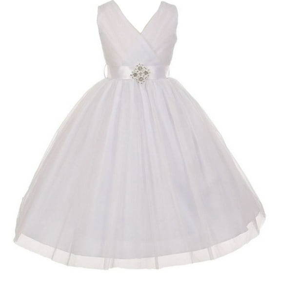 Little Girls Sleeveless V Neck Tulle Rhinestone Party Birthday Flower Girl dress White Size 2