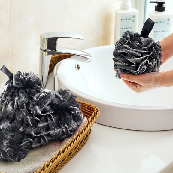 Charcoal Bath Loofah Sponge, 2 Pack Black 60G Large Shower Mesh Ball Soft Pouf Body Scrubber, Exfoliate, Cleanse, Soothe Skin