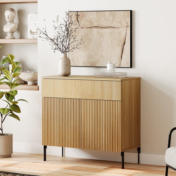 31.5" Reeded Accent Cabinet with 2 Doors and Drawer, Modern Credenza Storage Cabinet with Metal Legs for Living Room, Kitchen, Dining Room, Hallway