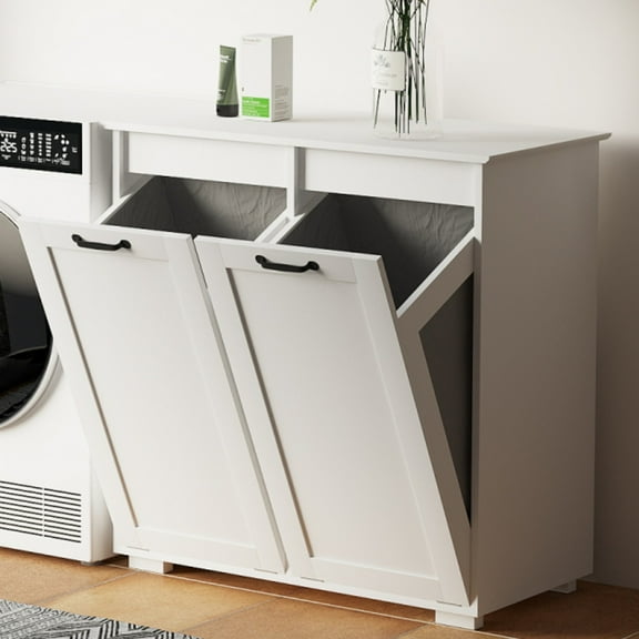 Tcbosik Tilt out Laundry Hamper Cabinet, Bathroom Storage Cabinet with 2 Removable Liner Bags, Trash Cabinet Can Bin for Kitchen Bathroom Living Room, White