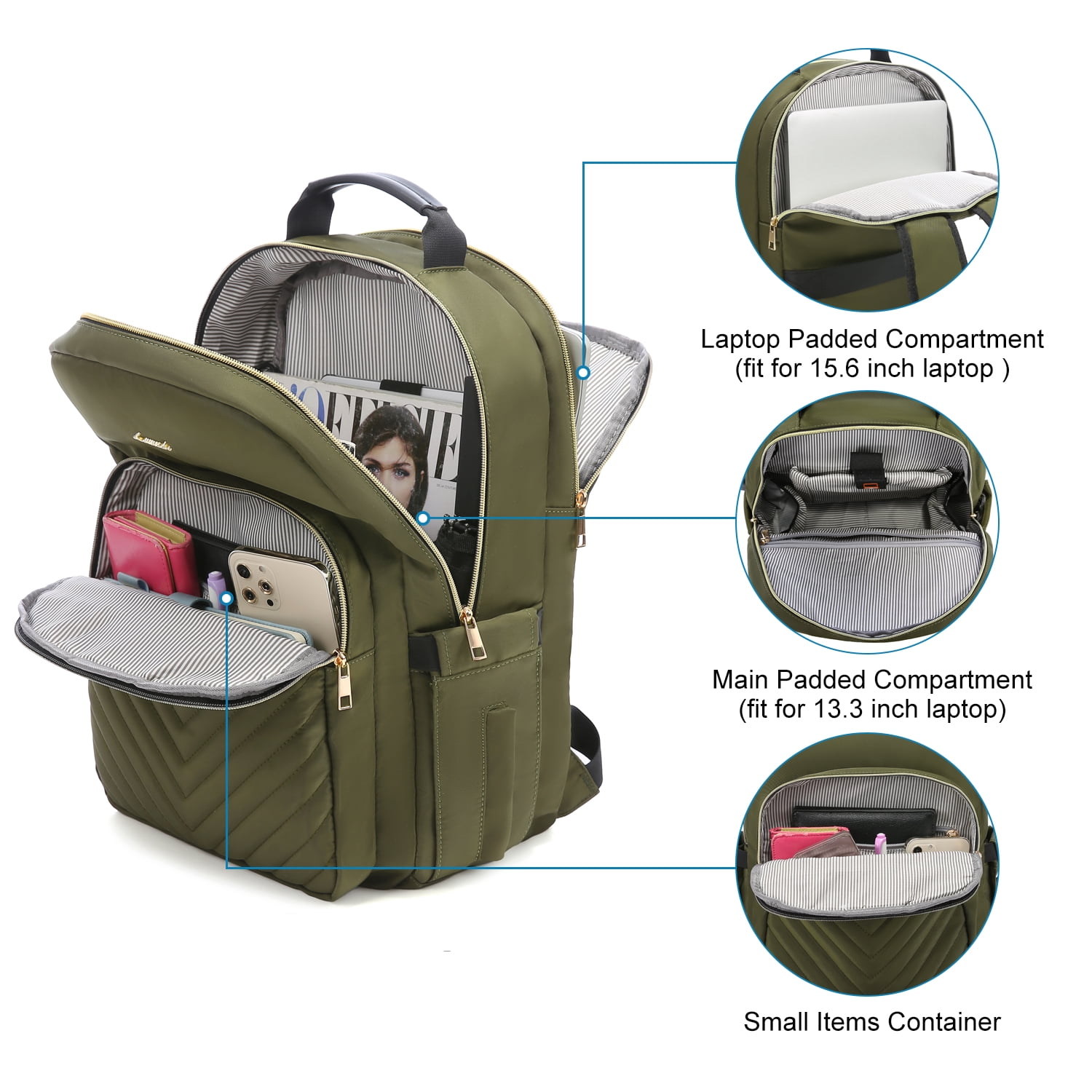 Lovevook Laptop Backpack for Women, 15.6" Quilted Travel Backpack with Anti-Thief Pocket, Teacher Backpack Book Bag Nurse Bag Purse with USB-ARMY Green