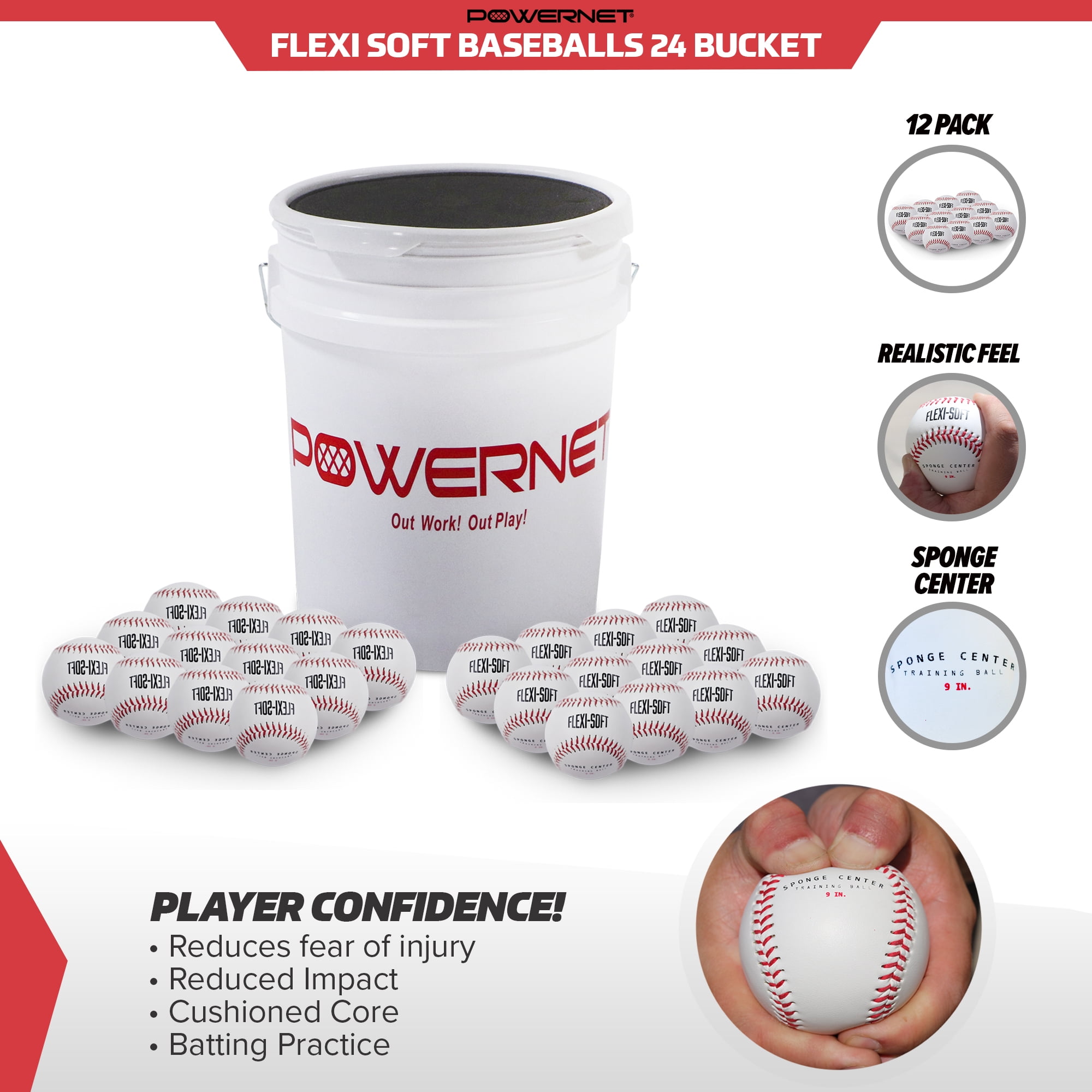 PowerNet Flexi-Soft Baseball Bundle, Padded Baseball Bucket with 24 Practice Baseballs, Portable Baseball Pitching & Batting Practice Equipment Soft Balls