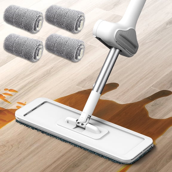 Threns Microfibre Floor Mops 360° Rotatable Flat Floor Mops with 4 Replaceable Mop Pads Reusable Washable Cleaning Mops Set Wet Dry Dust Mop for Bathroom Kitchen Wall Floor