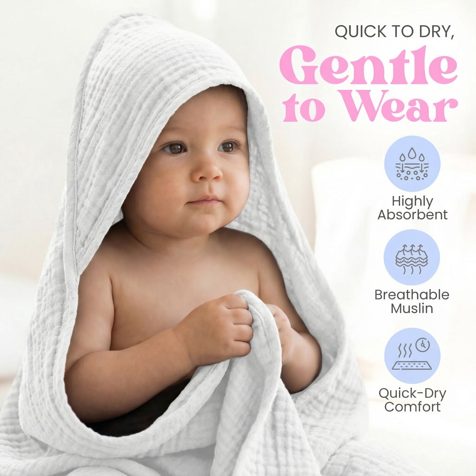 Mère & Moi: Muslin Hooded Baby Bath Towel – 2 Pack, White - 30", Ultra Soft Cotton, Absorbent, Quick-Dry, Oeko-TEX, Pool-Water, Newborn-Toddler Care