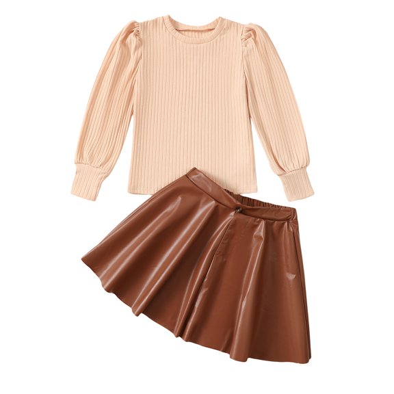 Kucnuzki 9 Years Big Girls Winter Outfits 10 Years Youth Child Kids Clothes Puff Long Sleeves Solid Color Knitted Top Leather Pleated Skirt Set 2pcs Clothing Khaki