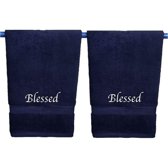 Embroidered Hand Towels with Inspirational Message: Blessed (1 Set of 2 Hand Towels) for Bathroom, Kitchen or Spa. (Navy Blue)