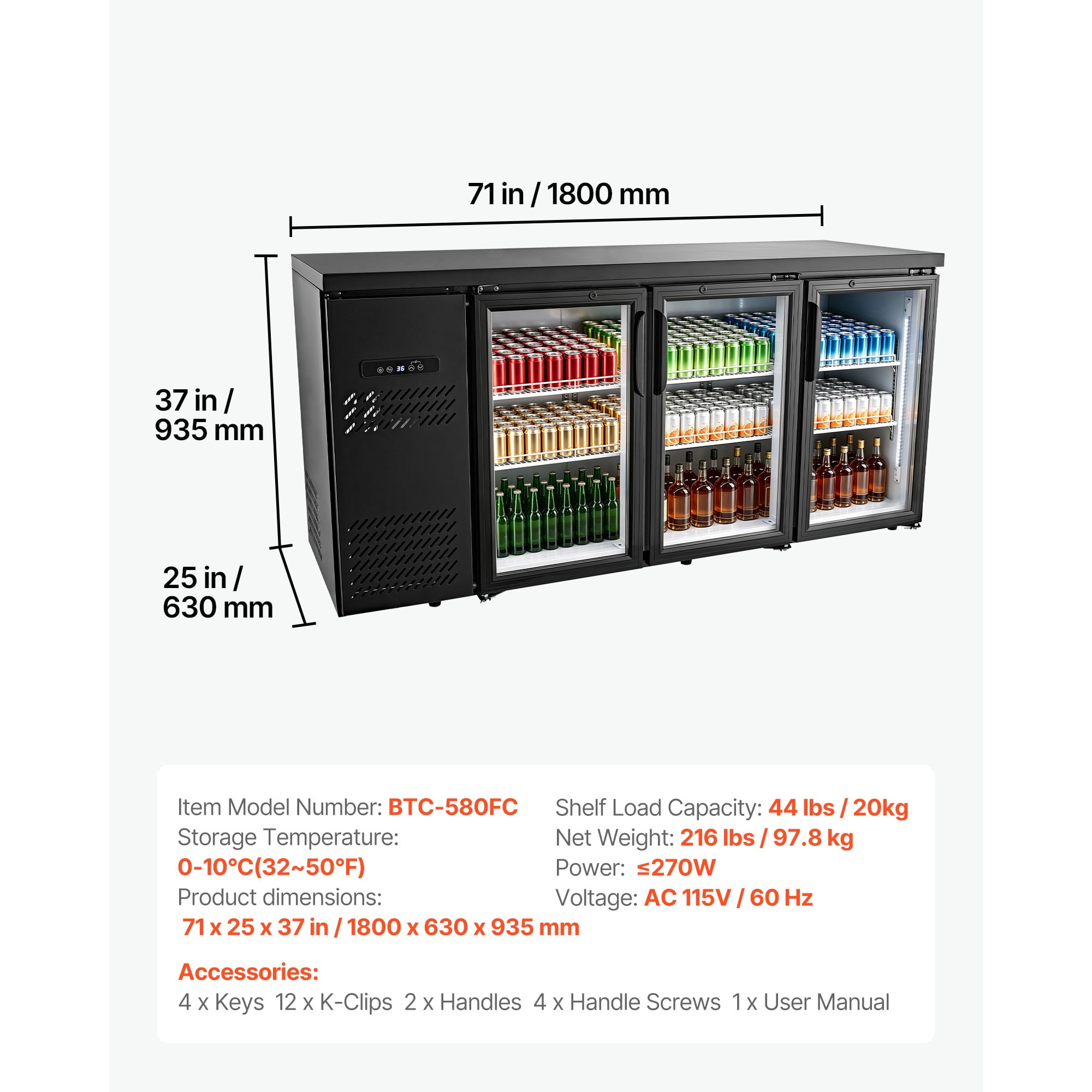 KFFKFF Counter Height Back Bar Cooler, 19.6 Cu. Ft Beverage Refrigerator with 3 Glass Doors, LED Lighting, and Fan Cooling for Commercial Use in Bars, Pubs, and Stores