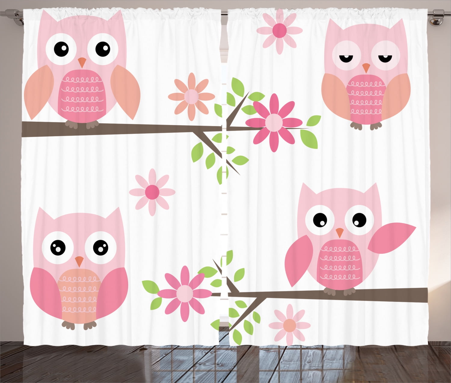 Owls Home Decor Curtains 2 Panels Set, Cute Baby Owls Waving in the