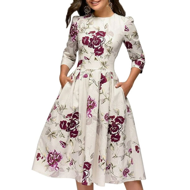 Karuedoo - Women Floral Long Sleeve Midi Dress Prom Evening Party Beach Casual Sundress