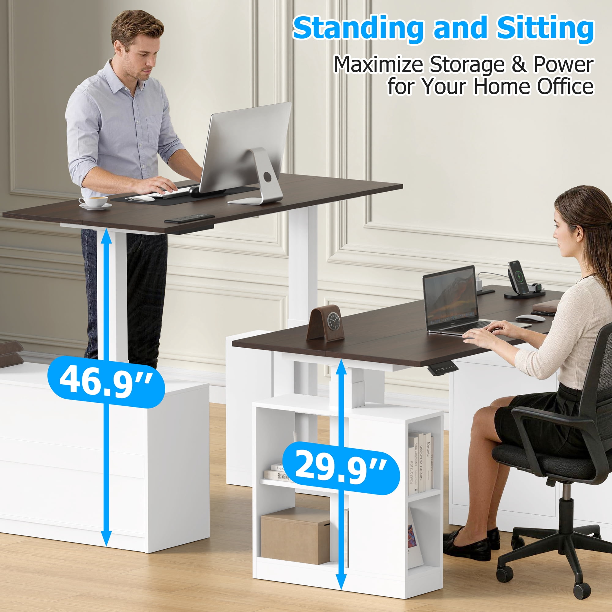 Frmobepts L-Shaped Executive Standing Desk with File Cabinet, 55" x 23.6" Electric Height Adjustable Stand up Desk, One-Whole Piece Desktop, Home Office Modern Computer Desk with 3 Memory Presets