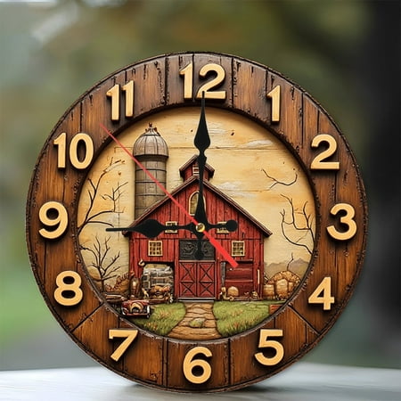 Rustic Barn Wooden Wall Clock Farmhouse Decor 10-Inch Silent Wooden Wall Clock, Battery Operated (AA Batteries Not Included), Artistic Home Decor