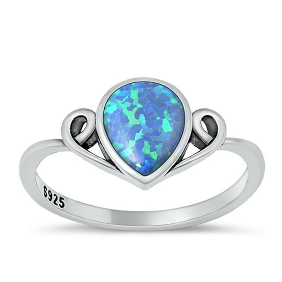CHOOSE YOUR COLOR Blue Simulated Opal Tear Drop Ring .925 Sterling Silver Band CZ Female Size 6