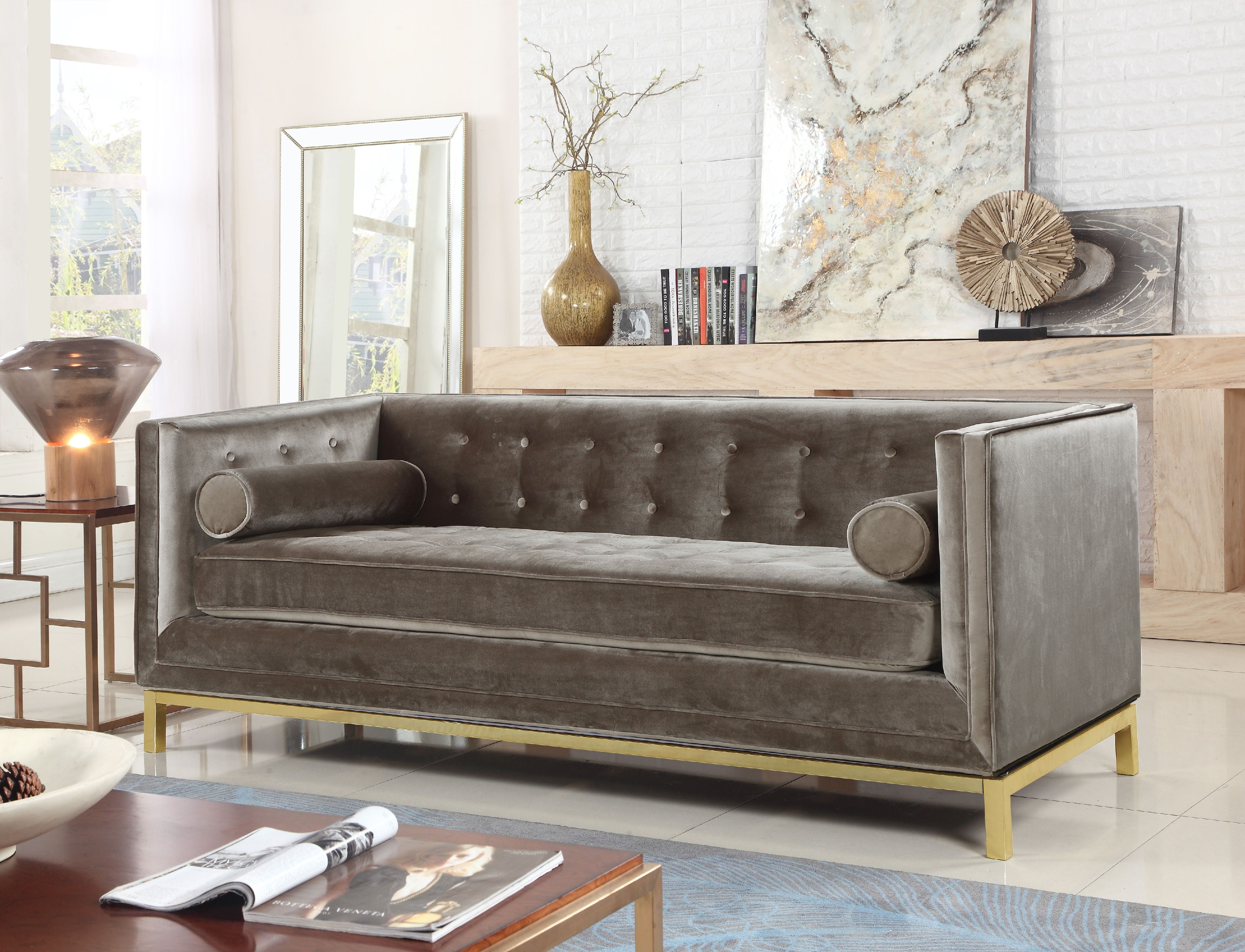 Chic Home Evie Club Sofa Sleek Elegant Tufted Velvet Plush Cushion Br Finished Stainless Steel Brushed Metal Frame Couch Modern Contemporary Grey