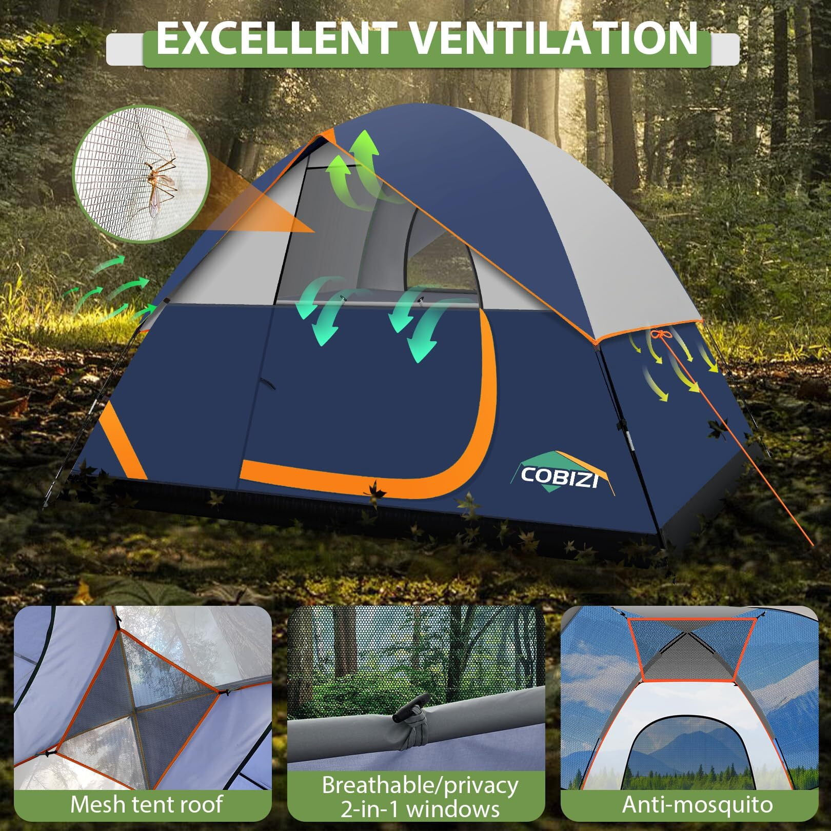 COBIZI Tents for Camping 4/6 Person Camping Tent with Rainfly and Screen, Easy Setup Lightweight Portable Waterproof Outdoor Tent with Carry Bag for Backpacking, Hiking, Family Travel
