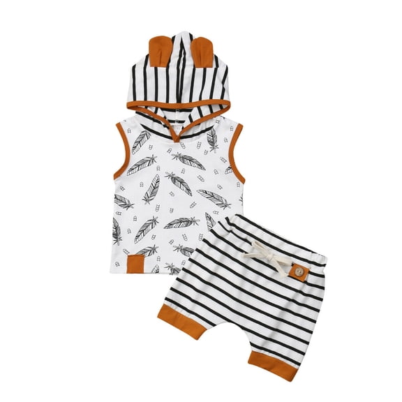 LMLYSoH Newborn Baby Summer Clothes Set Sleeveless Print Hooded Vest Drawstring Stripe Shorts Boys Girls 2Pcs Cute Outfits 0-24M