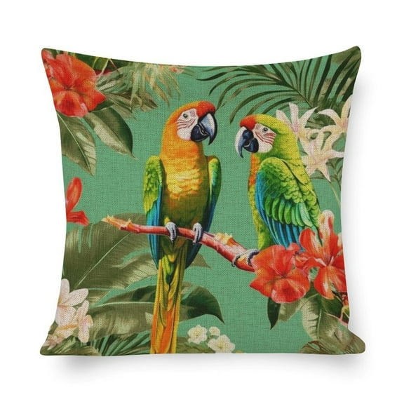 Pillows Cover Parrots Hawaiian Palm Tree Tropical Green Rustic Pillow Cover Banana Leaf Flowers Vintage Style Farmhouse Throw Pillows 16"x16" Couch Pillows for Iiving Room