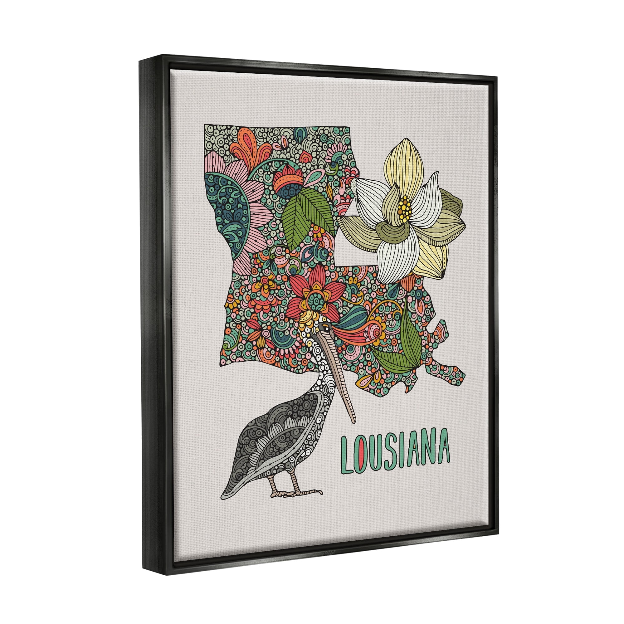 Stupell Industries Blooming Louisiana Magnolia State Pelican Intricate Patterns Graphic Art Jet Black Floating Framed Canvas Print Wall Art, Design by Valentina Harper