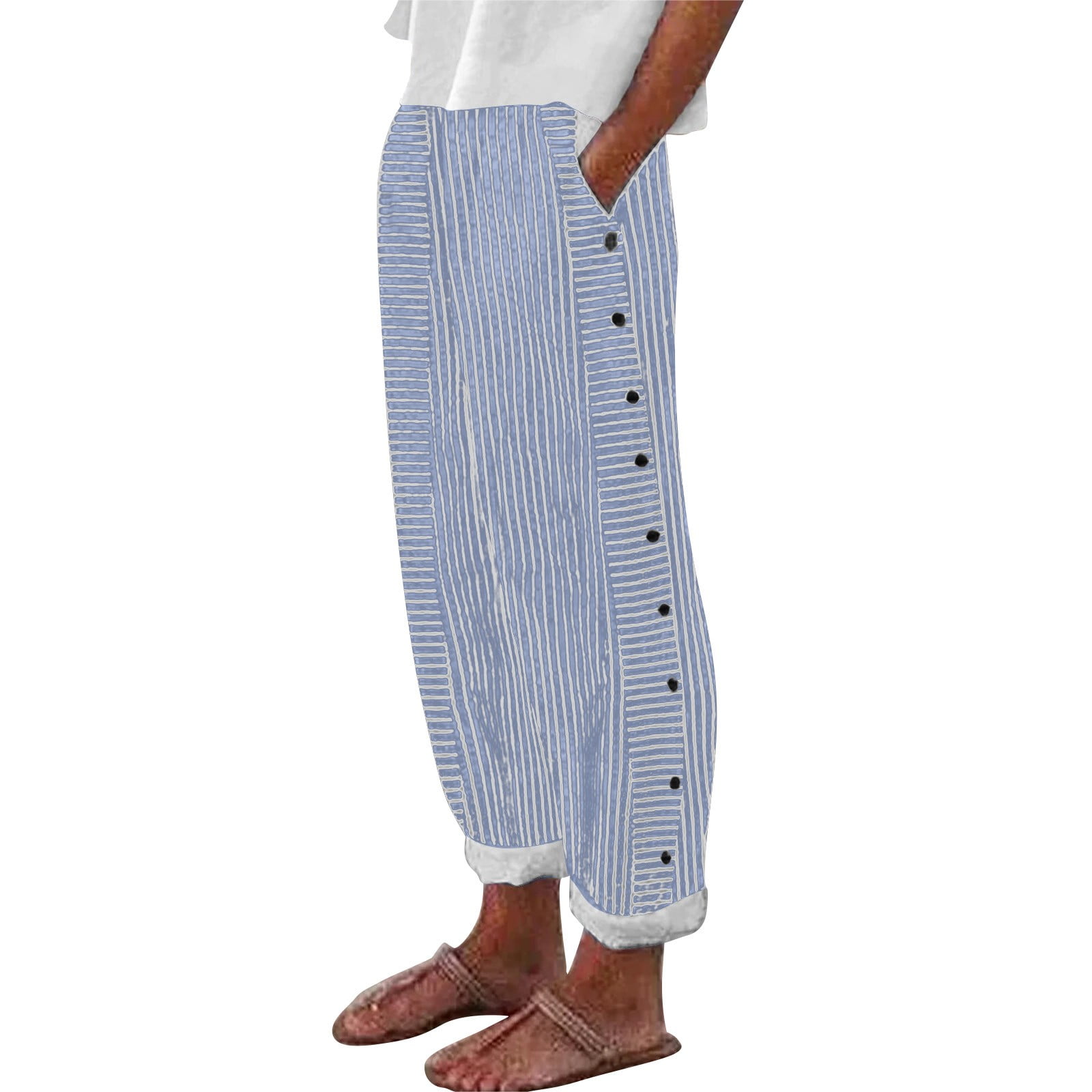 zicth Blue Linen Pants Women's Cotton and Linen Striped Elastic