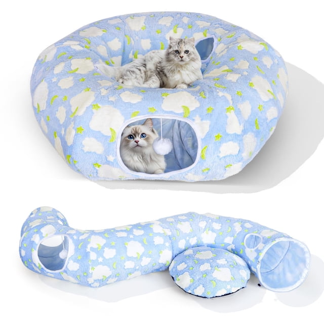 Túnel Cama para Gatos KWUY Donut Plegable con Cojín y Pelota de Juego
