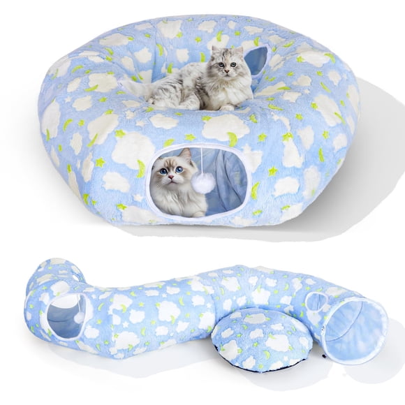 Túnel Cama para Gatos KWUY Donut Plegable con Cojín y Pelota de Juego