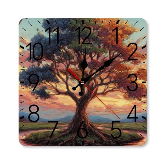 RKSupls 1010inch Square Silent Wall Clock Wooden Frame, Sunset Tree River Scale Decorative Clock for Home Bedroom Living Room Office
