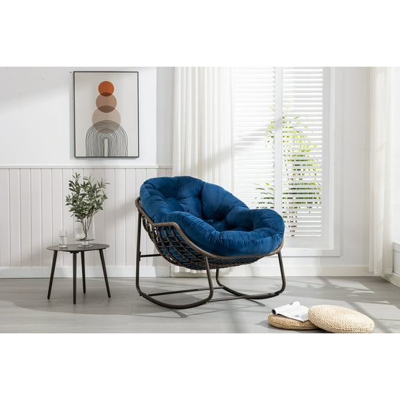 Miekor Furniture Outdoor Rattan Rocking Chair,Padded Cushion Rocker Recliner Chair Outdoor for Front Porch, Living Room, Patio, Garden, Navy Blue 05286