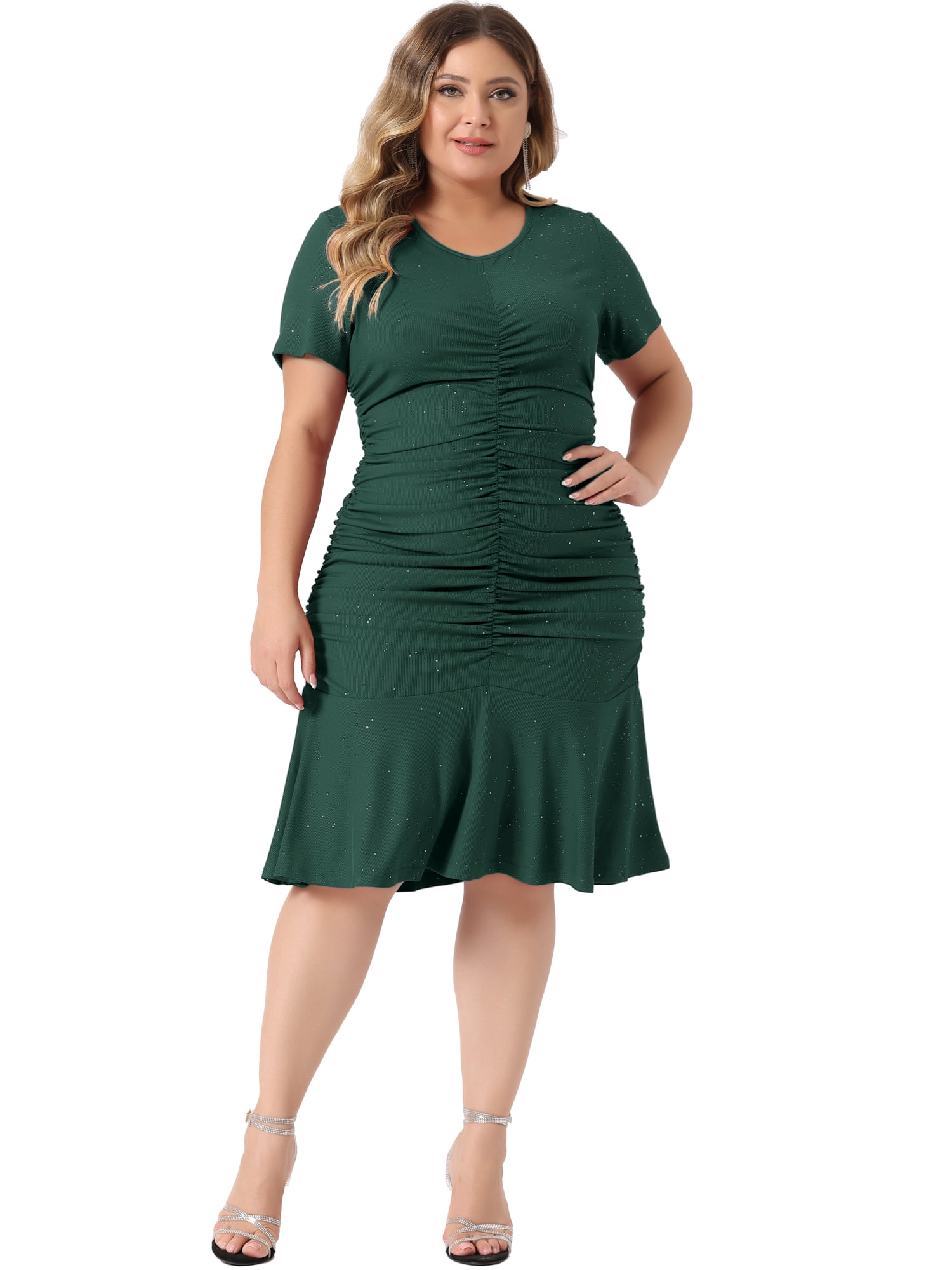 Unique Bargains Women Plus Size Ruffle Hem V Neck Short Sleeve Sequin Ruched Dresses 4X Dark Green
