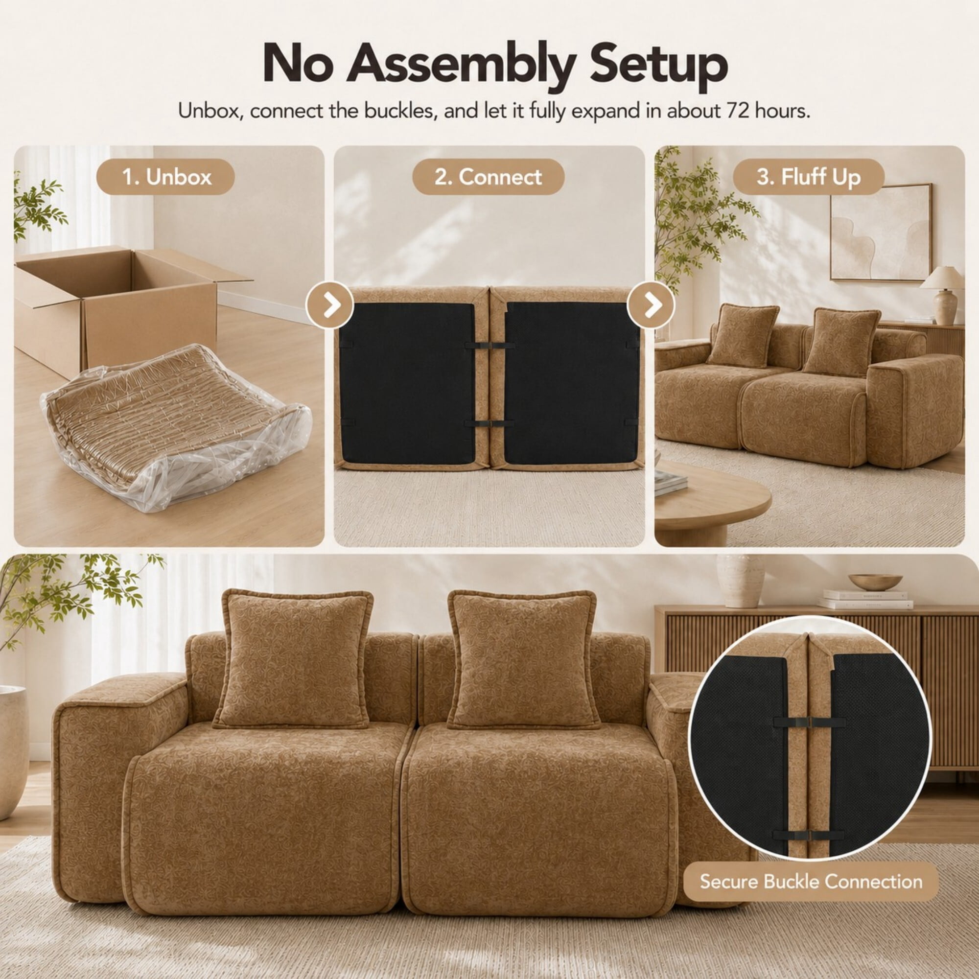 DEALTOPS 78.7" Modern 2-Seater Velvet Boneless Cloud Sofa Couch, Modular Loveseat with 2 Pillows, Camel