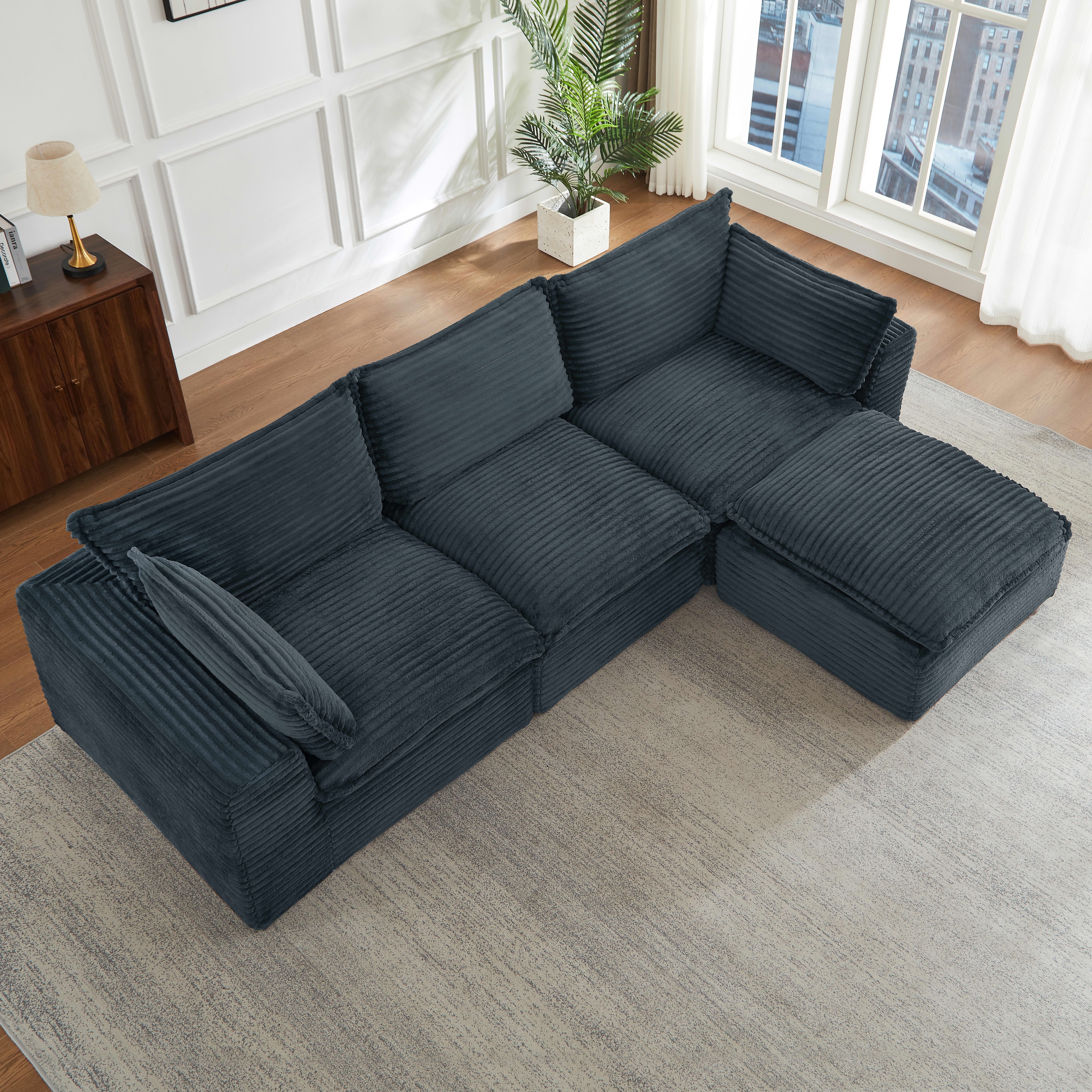 MAYEERTY Corduroy Oversized Sectional Sofa, Cloud Convertible L-Shape Couch with Ottoman for Apartment, Dark Gray