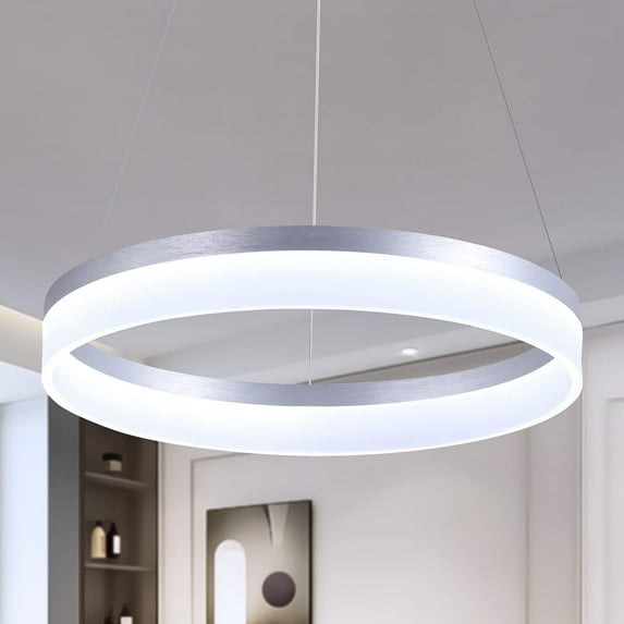 ZXNYH Modern LED Pendant Light 19.7" Dimmable 1-Ring Circular Chandelier Adjustable Hanging Pendant Lighting for Kitchen Island Dining Room Living Room Foyer Entry Restaurant, 6500K, Silver