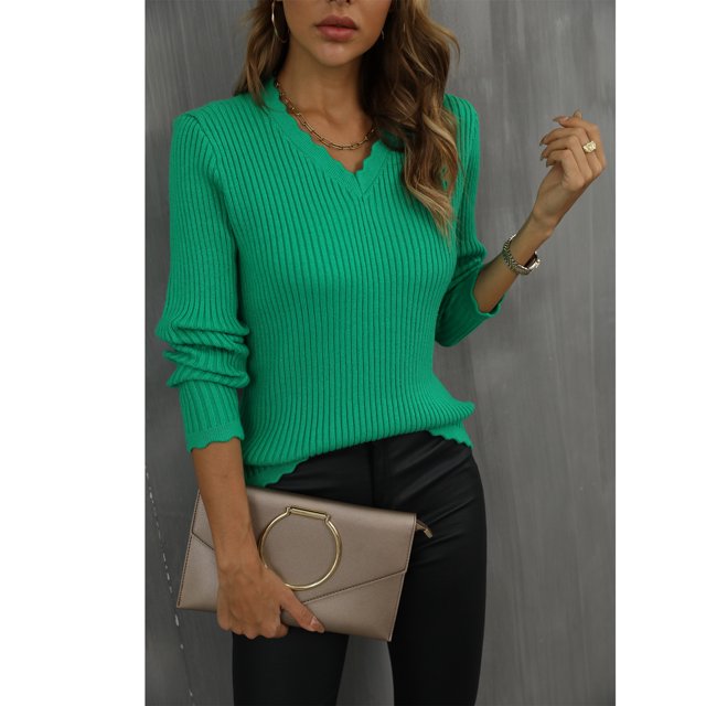 Suéter Ajustado Con Cuello En V Para Mujer, Poliéster, Cómodo, Elegante, De Color Puro, Suéter De Punto Ajustado Para Mujer Para Otoño Para Mujer ANGGREK Verde S
