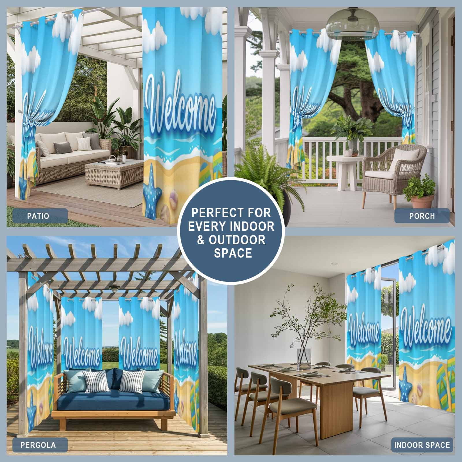 Welcome Summer Beach Outdoor Curtains for Patio, Coastal Watercolor Blue Ocean Starfish Shell Slipper Sunshade Privacy Drapes Grommet Waterproof Outside Curtains for Porch Balcony 54"x108", 1 Panel