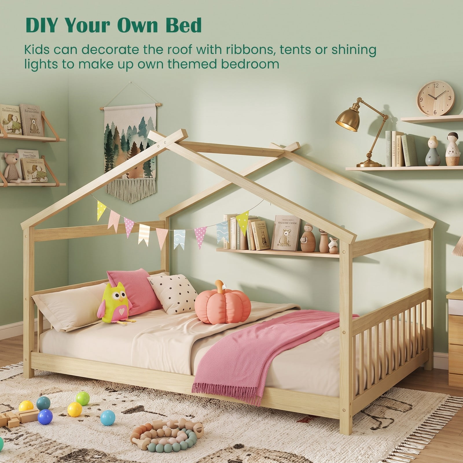 Furnibear Full Size House Bed Montessori Floor Bed with Peaked Roof and Guardrails, Wood Slat Platform Floor Bed for Kids Room, Natural