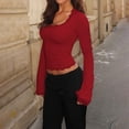 thumbnail image 3 of Yokua Women's Lace-trimmed Square Neck Flared Long Sleeve Cropped Midriff T-Shirt with Lace Trim - Slim Fit for Outings, 3 of 10