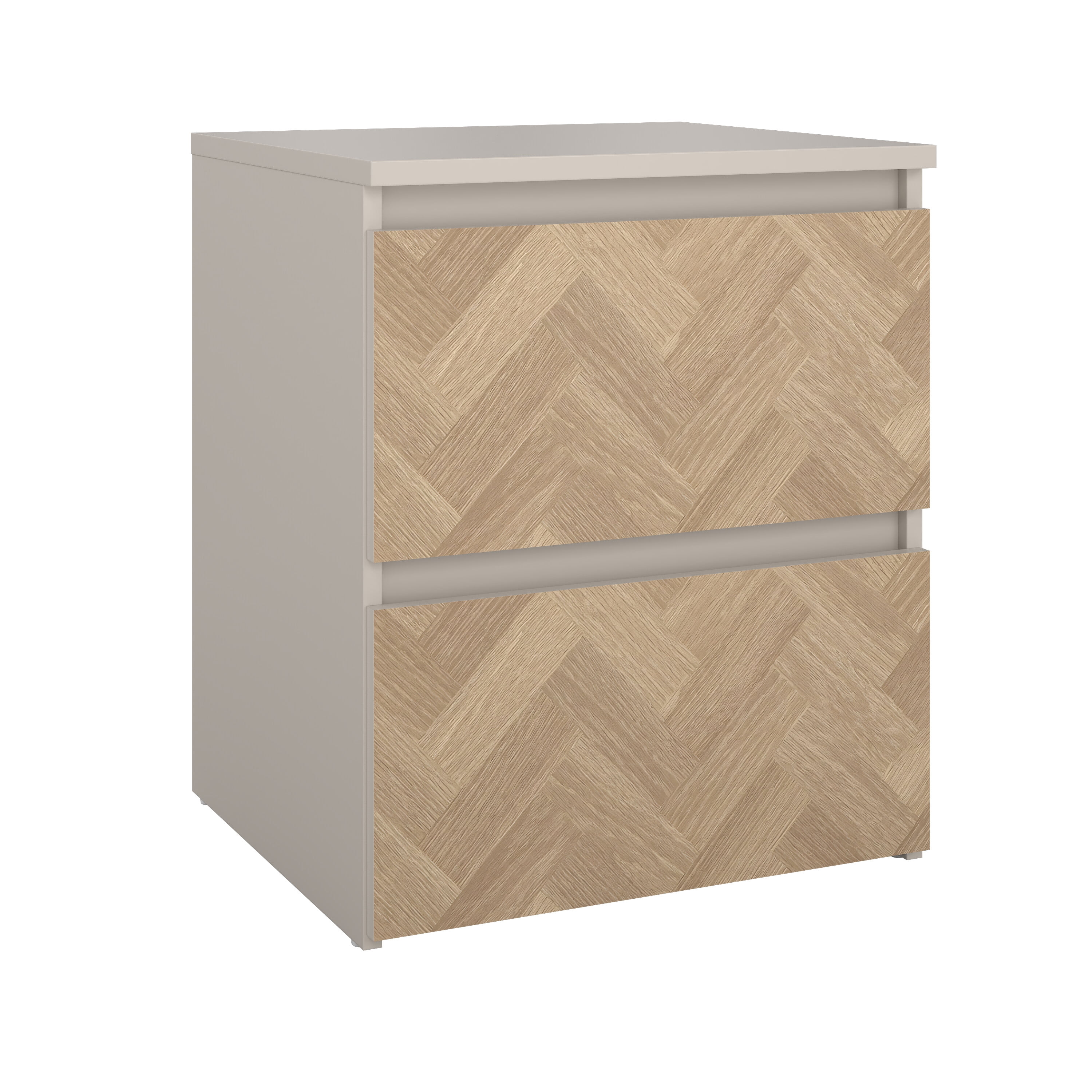 Tvilum 2 Drawer Herringbone Nightstand with Handle-Free Drawers, Soft Beige / Herringbone