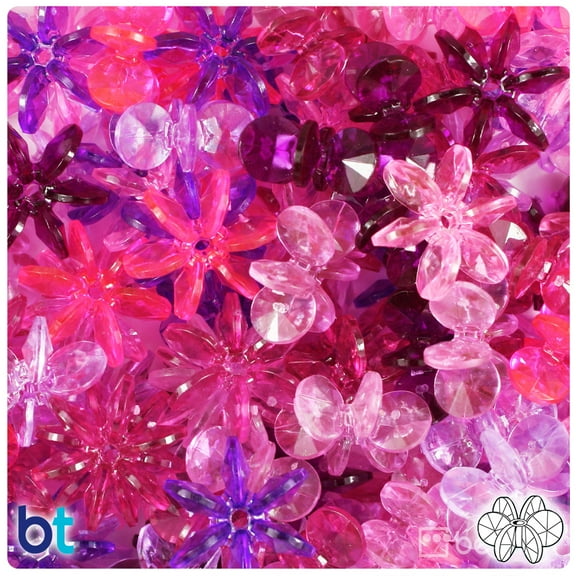 BeadTin Pink & Purple Transparent 18mm SunBurst Plastic Craft Beads (135pcs)