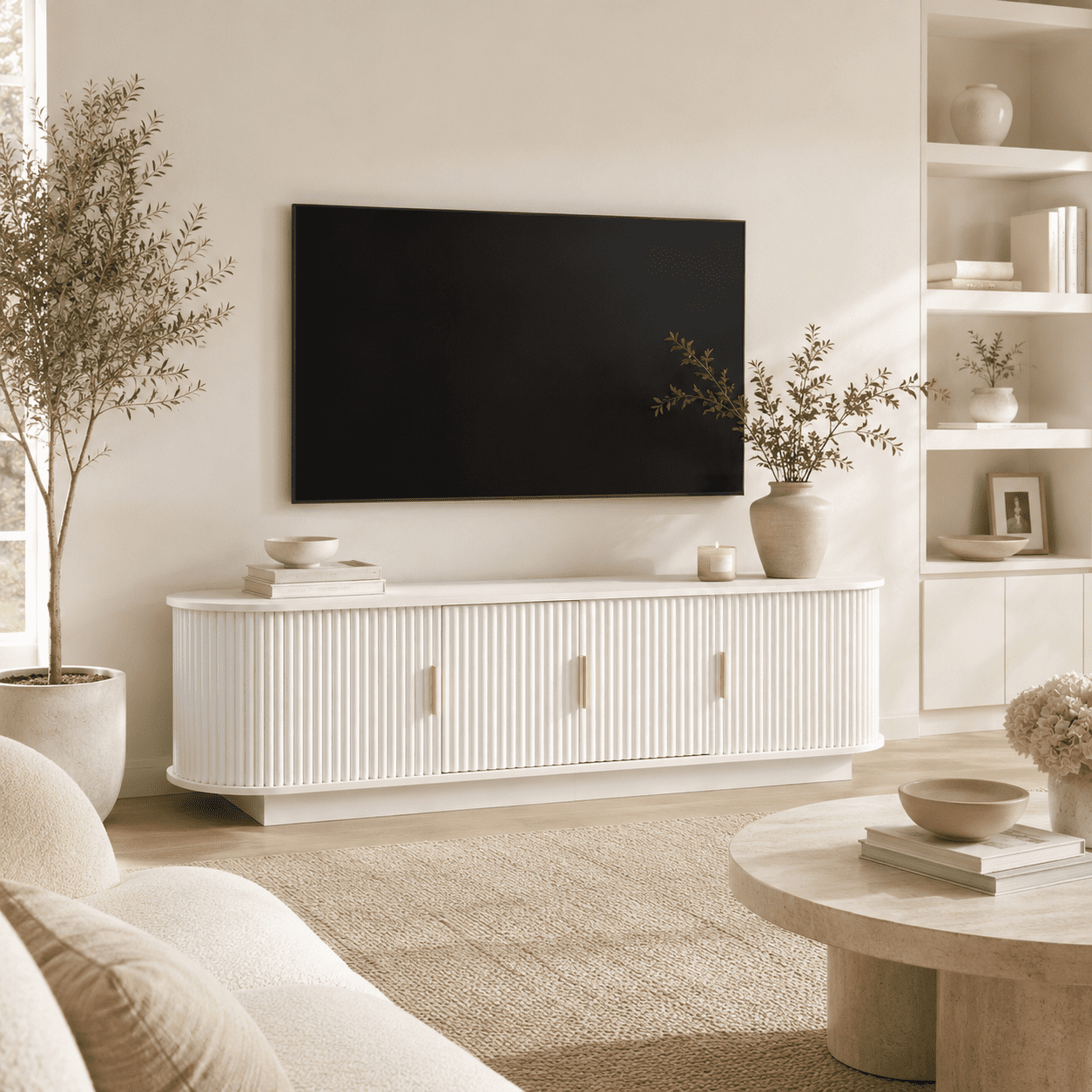 Aukfa 67" Fluted TV Stand for TVs up to 75", Sliding Doors,White