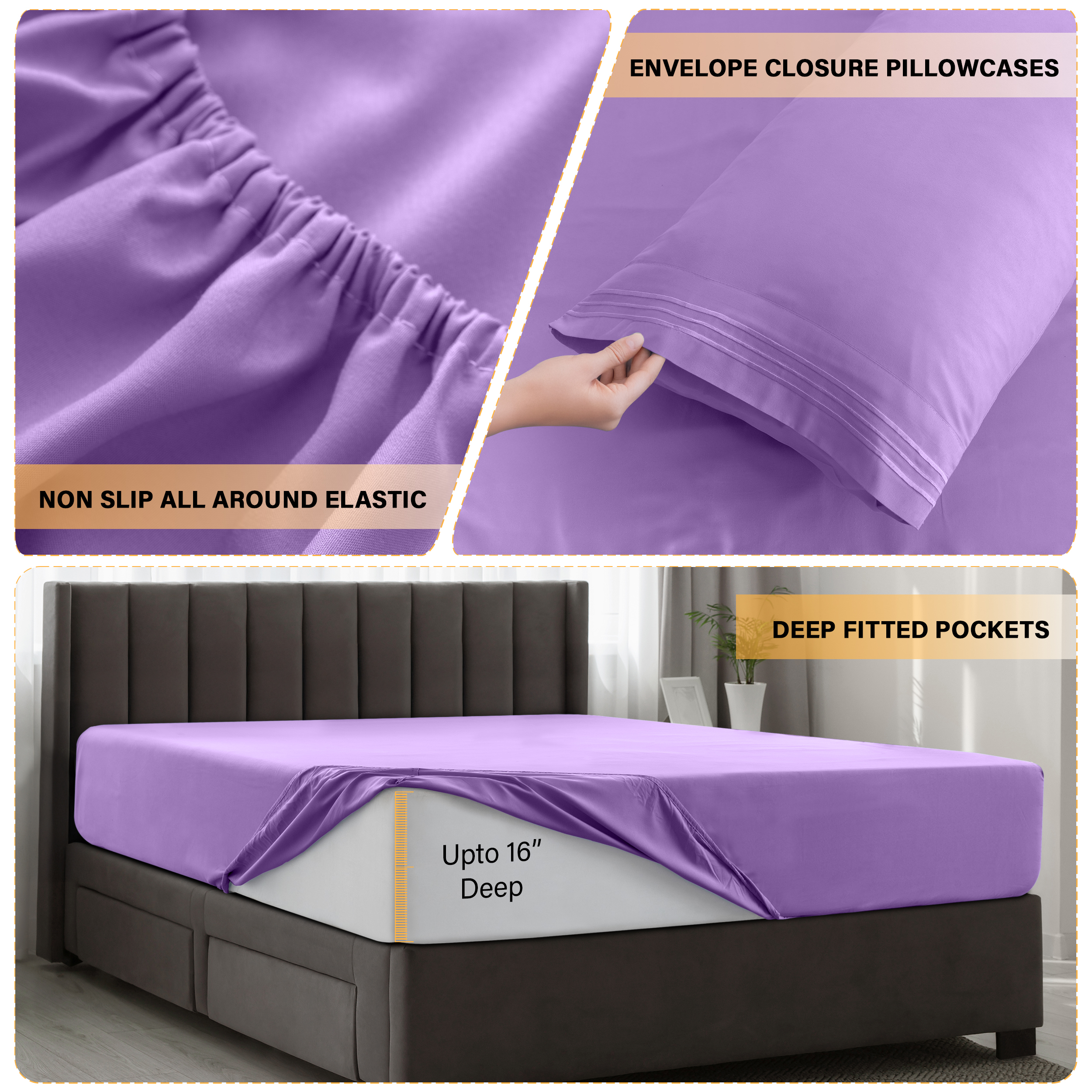 Lux Decor Collection Queen Sheets Set, 6-Piece, Purple photo 5