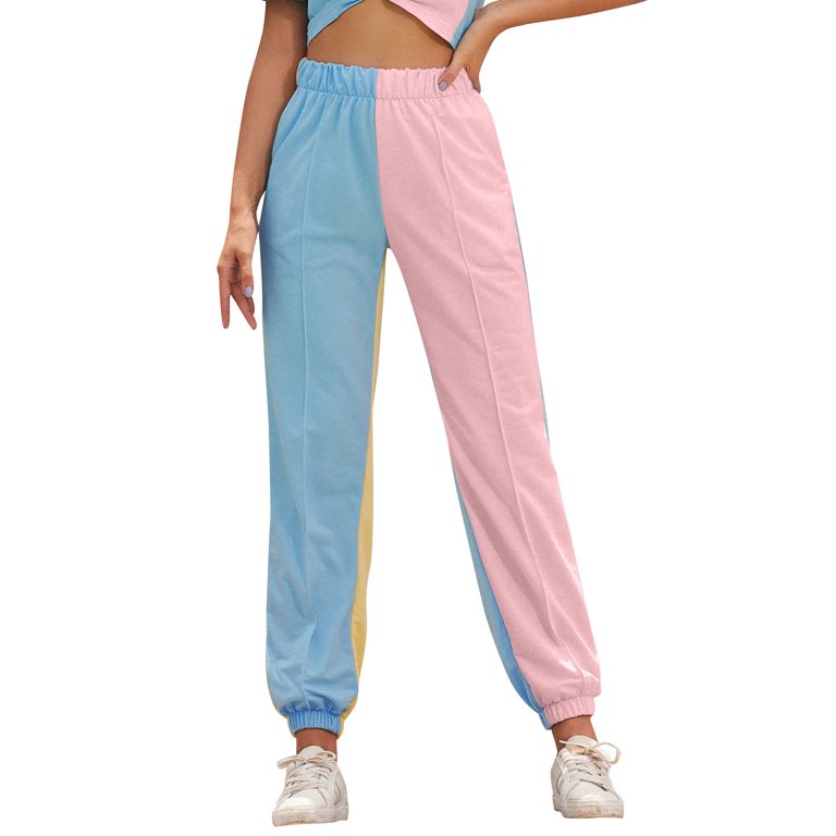 STARVNC Women Contrast Color Colorblock High Waist Elastic Pants