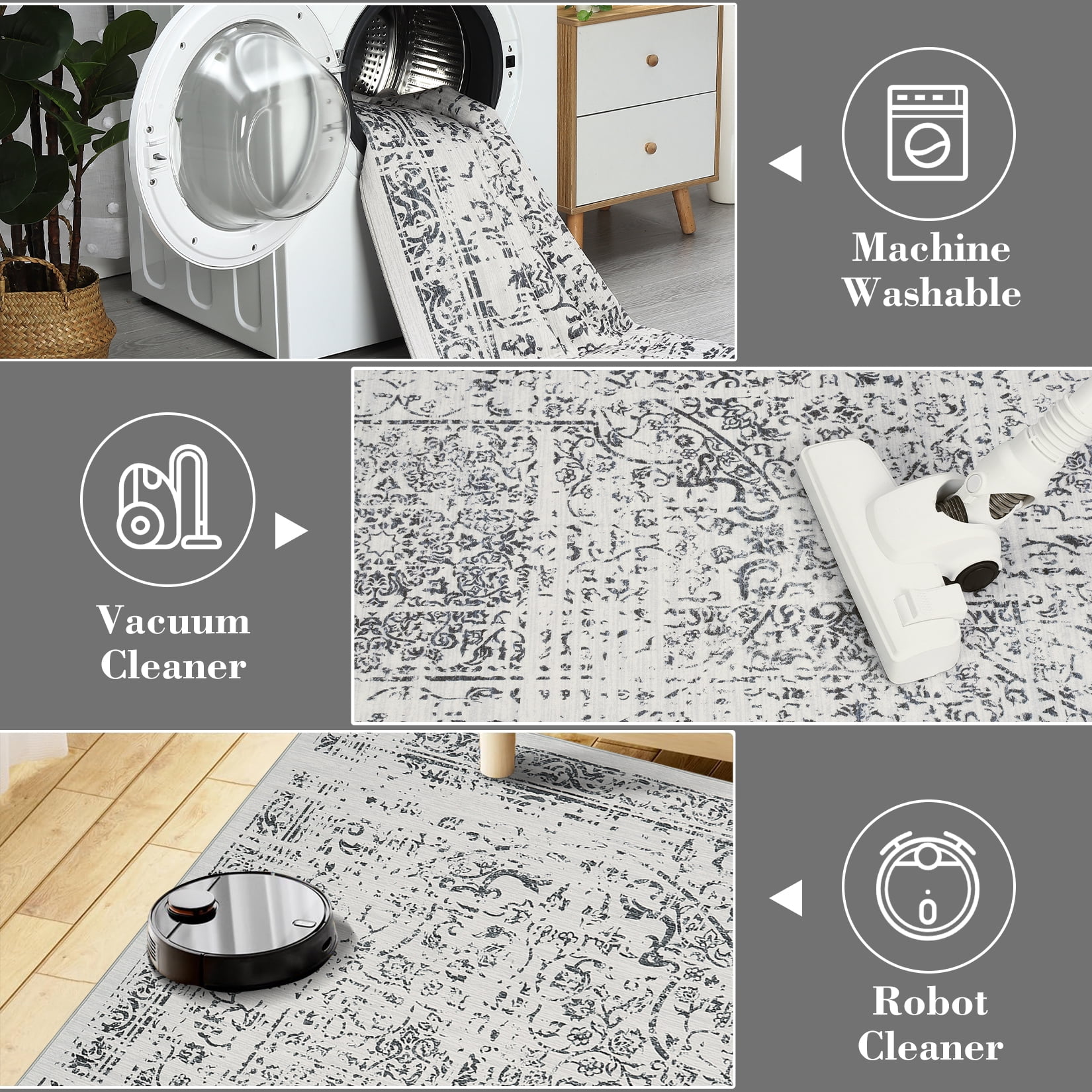 Hasoo 2' x 6' Runner Rug for Hallway Boho Vintage Rug Non Slip Floral Indoor Carpet, Gray