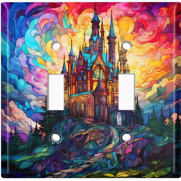 Metal Light Switch Wall Plate Outlet Cover (Printed Image of Stained Glass Mansion - Double Toggle)