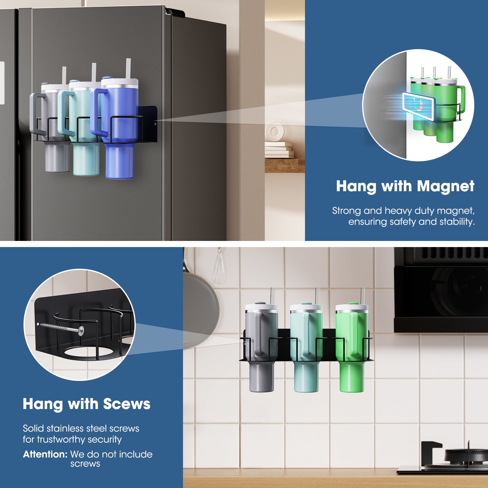 Magnetic Cup Holder for Fridge,Tumbler Organizer Fits 20/30/40 oz Cups, Accessory Storage with Lid & Straw Holder, Space-Saving Storage Rack for Kitchen Fridge (4PCS Black-Cup Holder Set)
