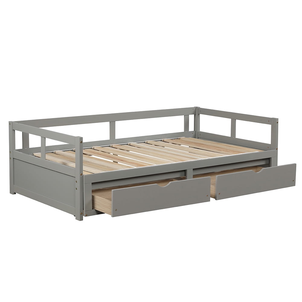 Lowestbest Wooden Daybed with Trundle Bed and Two Storage Drawers, Extendable Bed Daybed