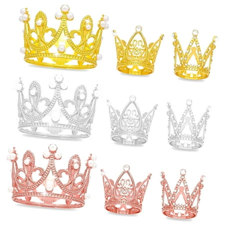 SKYSONIC Set of 9 Mini Crowns - Three ver and Rose - for ts, Cake Embellishments, and Floral Arrangements