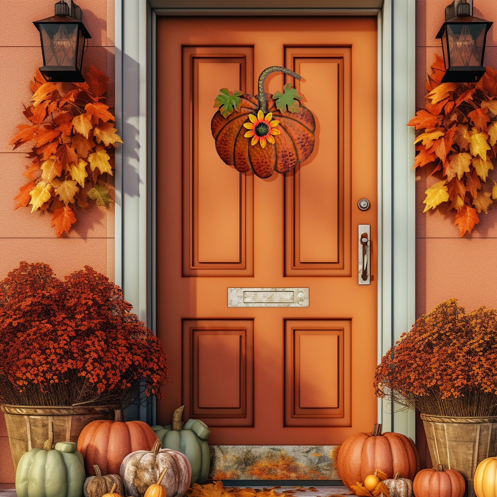ZLBDYG Rustic Metal Pumpkin Hanging Decoration & Stake Garden Outdoor Decor - Fall Thanksgiving Yard Sign with Green Stem for Lawn Pathway Porch Autumn Festival Seasonal Decoration