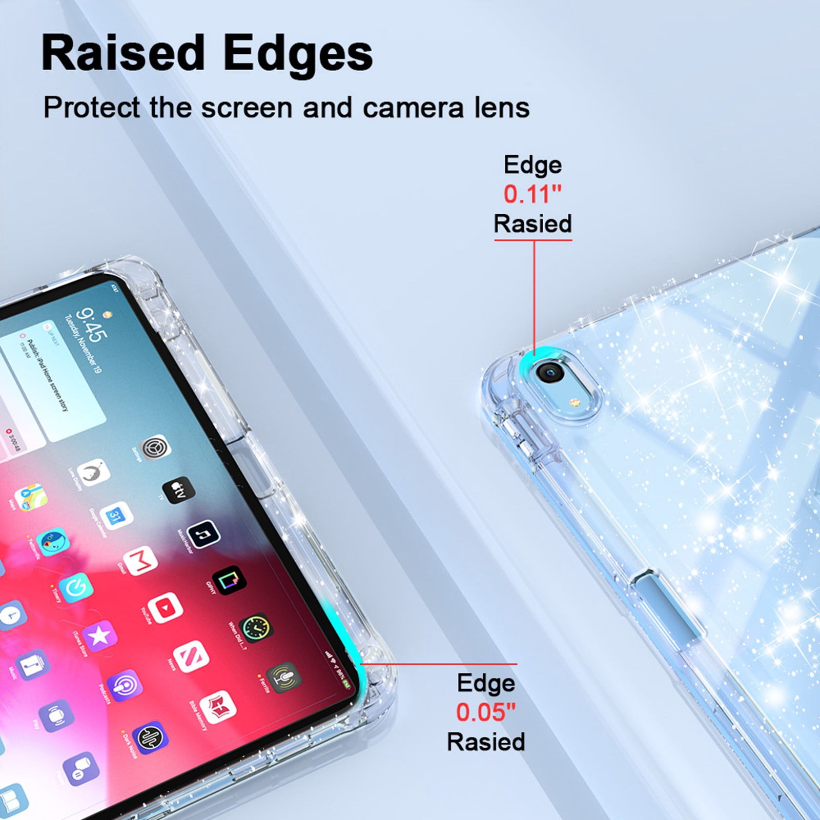 ELEHOLD Glitter Case for Apple iPad 9th/8th/7th Generation  with Pencil Holder,  Auto Sleep/Wake Magnetic Stand Cover, Sparkly Clear Back Shell with Tri-Fold Stand , Blue
