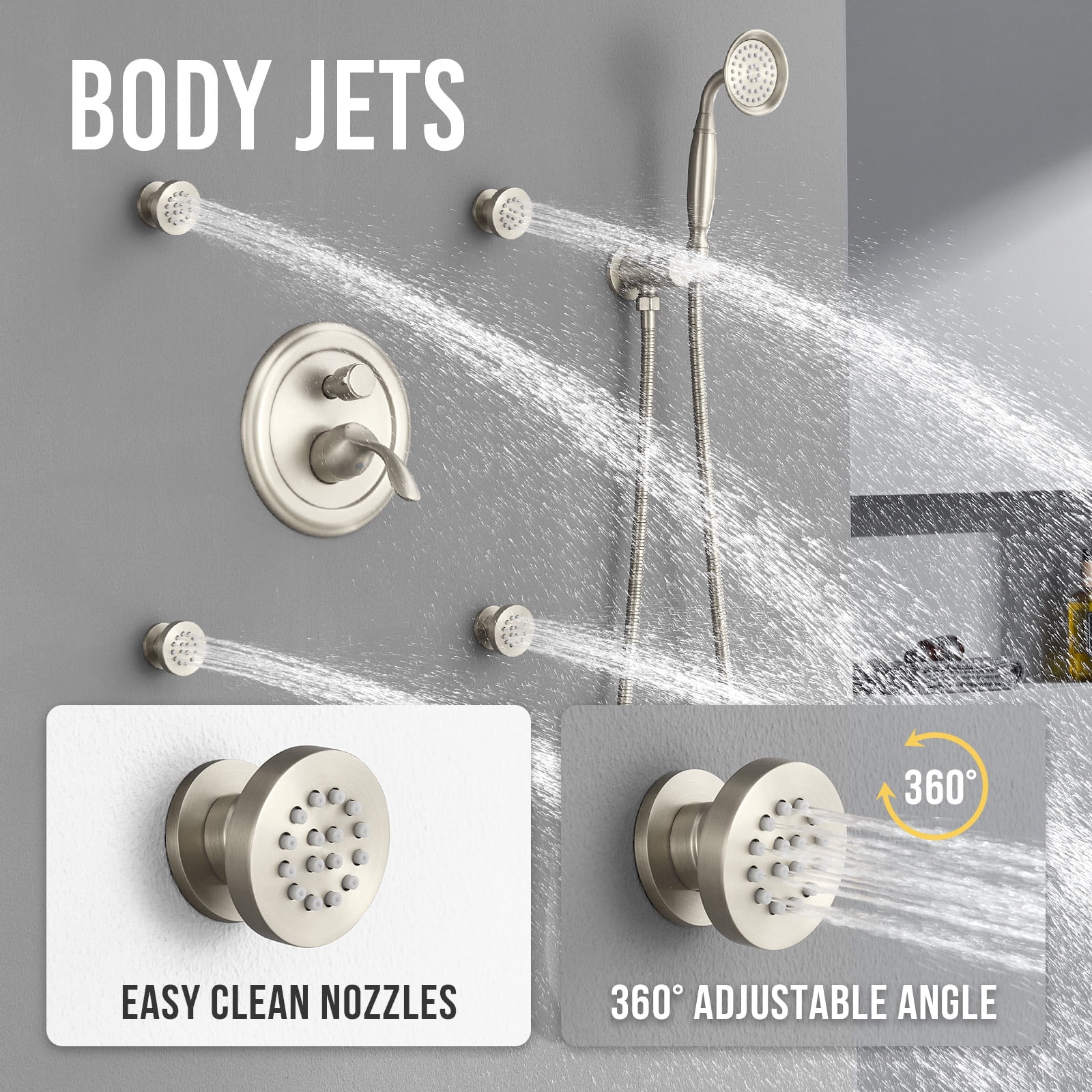 Antique Shower Faucet-Sets Fixtures: 9 inch Wall Rain Head with Handheld Spray and Body Jets, 3 Way Diverter Rough in Valve System included Trim Kit, Brushed Nickel