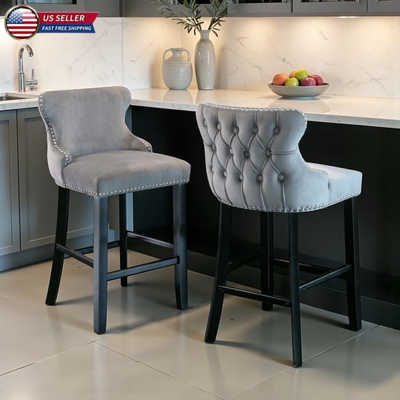 Hassch Velvet Upholstered Bar Stools Set of 2, Modern Counter Height Stools with Tufted Wingback, Nailhead Trim and Solid Wood Legs for Kitchen Island/Dining Room, Gray
