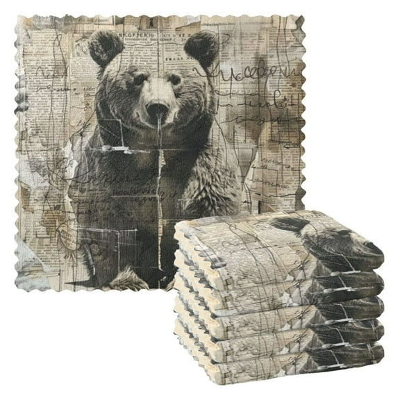 6 Pieces of Kitchen Towels 11x11Inch Kitchen Dish Cloths Kitchen Dish Towels Reuseable Cleaning Cloths Black Bear and Newspaper