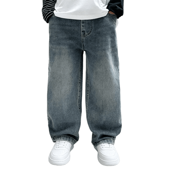 UACY Boys Baggy Jeans Teen Casual Straight Wide Leg Denim Pants Y2K Vintage Elastic Waist Loose Fit Cargo (Blue, 9-10 Years)